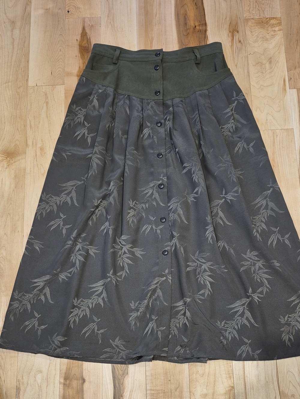 Together Olive and Charcoal Button-Front Maxi Skirt with Botanical Print